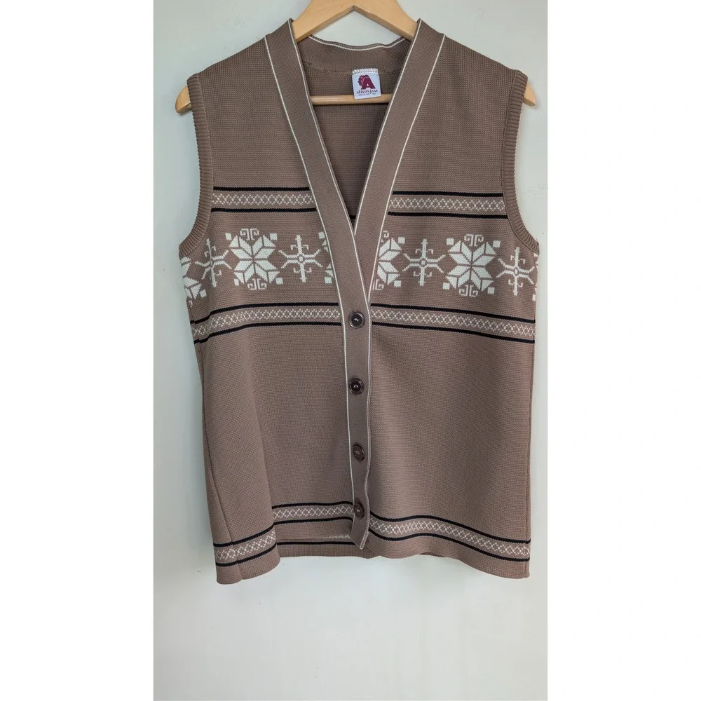 ALISON JANE Vtg Nordic Fair Isle Button Sweater Vest Womens Brown Grandpacore